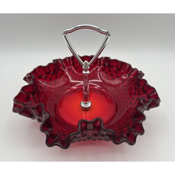 Vintage Fenton Ruby Red Glass Ruffled Edge Hobnail Candy Dish 8" Silver Handle - Picture 1 of 7